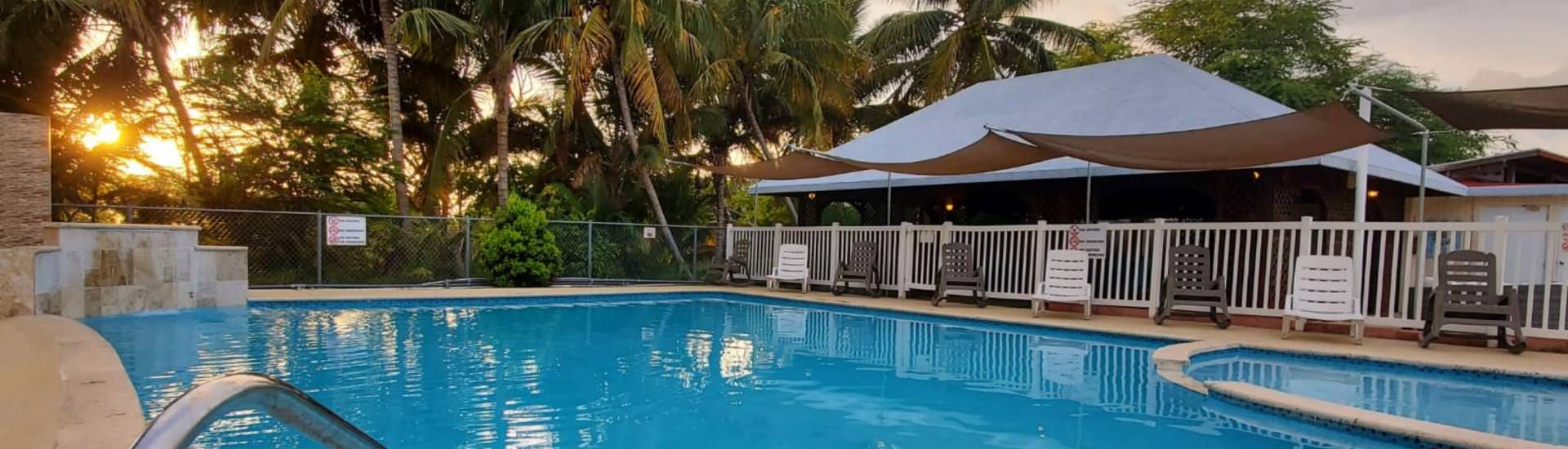 Property's pool surrounded by fencing and green vegetation