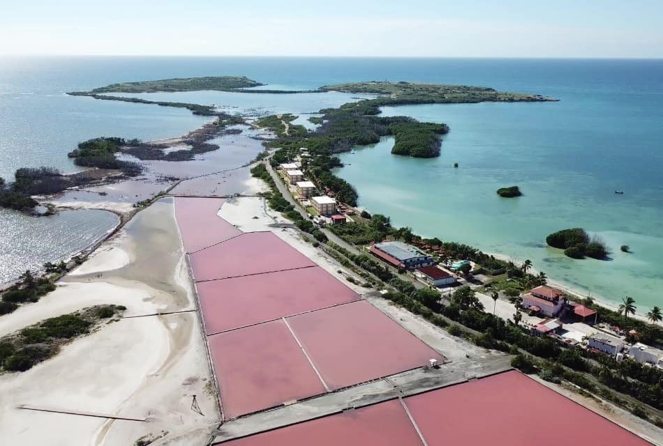 Vista aérea de las salinas cerca de un pequeño pueblo costero rodeado de vegetación verde y el océano.