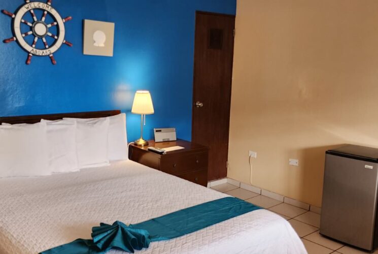 Bedroom with blue and tan walls, tile flooring, dark wooden furniture, white bedding, and mini fridge
