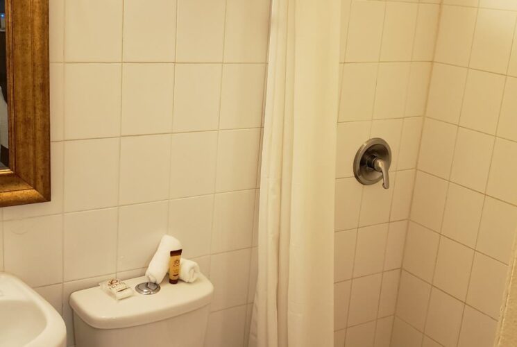Bathroom with stand up shower, white tile, white toilet, white pedestal sink, and framed mirror